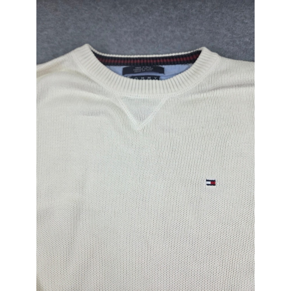 Y2K 90s Tommy Hilfiger Men's Cream Off White 100% Cotton Crewneck Sweater Size L